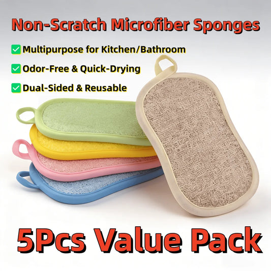Dual-Sided Microfiber Cleaning Sponges - Reusable Odorless Scrub Pads