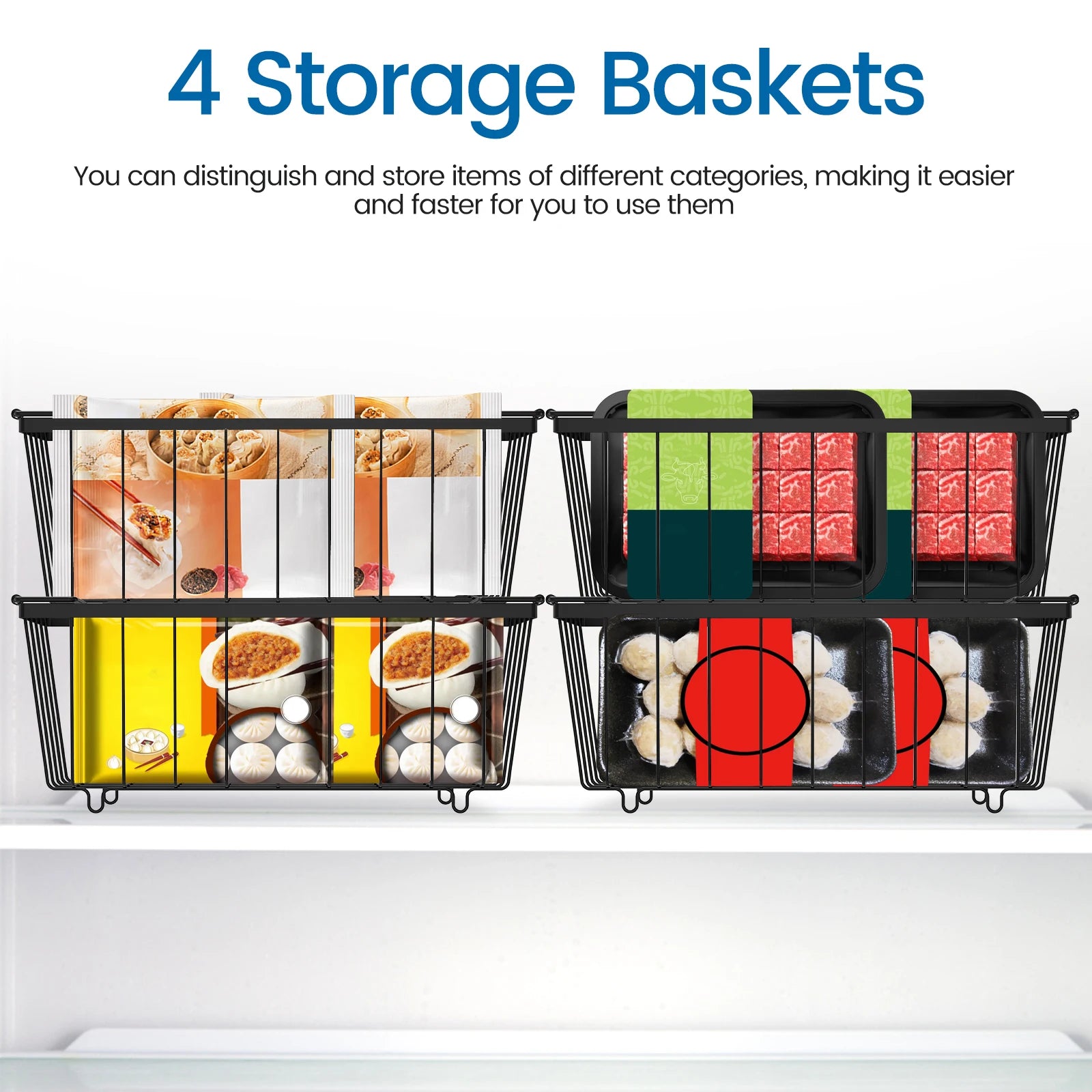 4Pcs Metal Chest Freezer Baskets Stackable Foldable Handles Storage