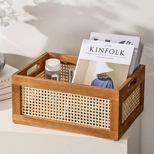 Solid Wood Rattan Storage Basket - Multi-Room Kitchen Bathroom Organizer