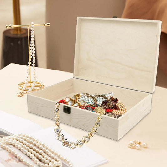 Unfinished Wood Jewelry Box Hinged Lid Storage Keepsake Organizer