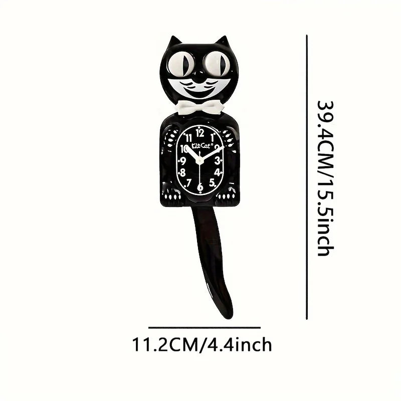 2D Cartoon Cat Wall Clock Silent Movement Swinging Tail Glass Mirror