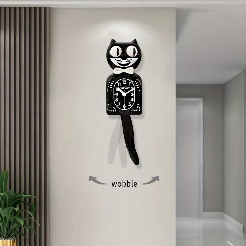 2D Cartoon Cat Wall Clock Silent Movement Swinging Tail Glass Mirror
