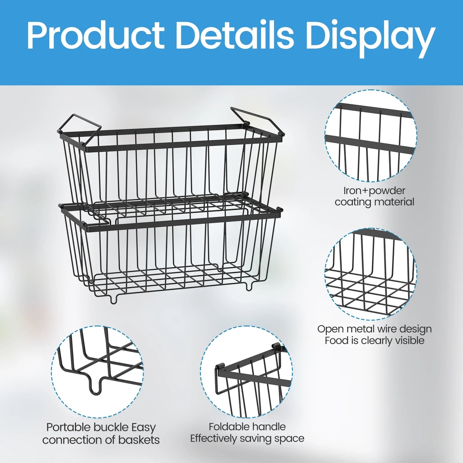 4Pcs Metal Chest Freezer Baskets Stackable Foldable Handles Storage