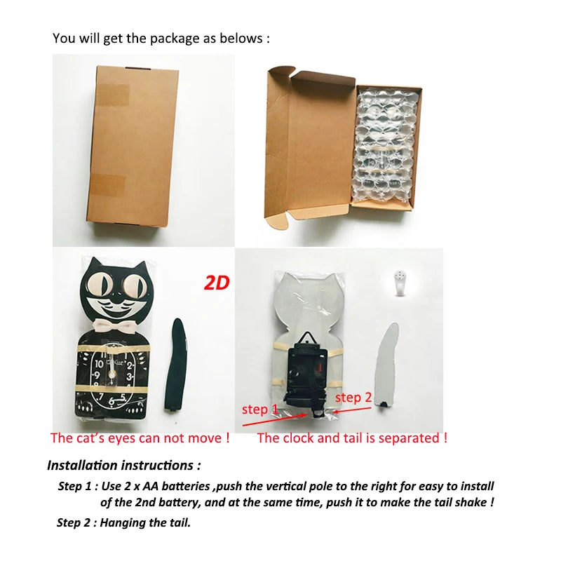 2D Cartoon Cat Wall Clock Silent Movement Swinging Tail Glass Mirror