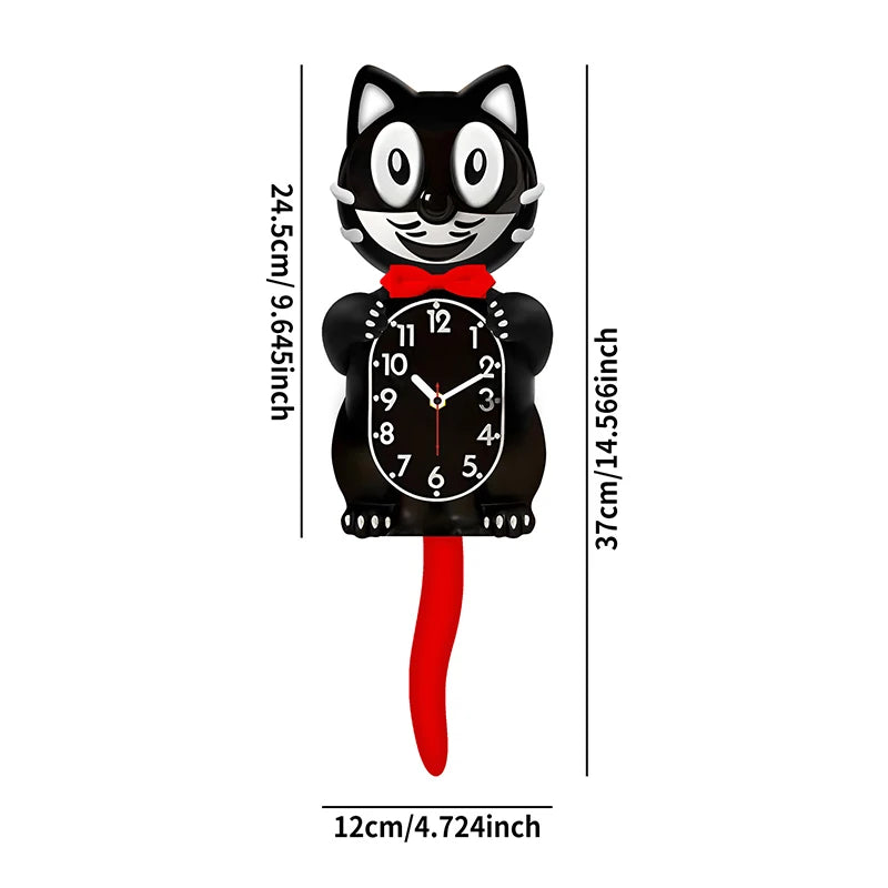 2D Cartoon Cat Wall Clock Silent Movement Swinging Tail Glass Mirror
