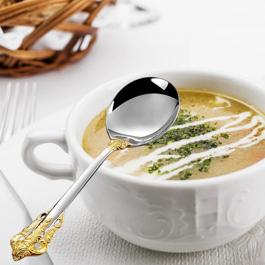 7" Stainless Steel 18-10 Gold Round Bouillon Spoons - Cereal Soup