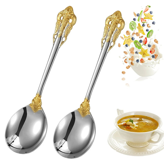 7" Stainless Steel 18-10 Gold Round Bouillon Spoons - Cereal Soup