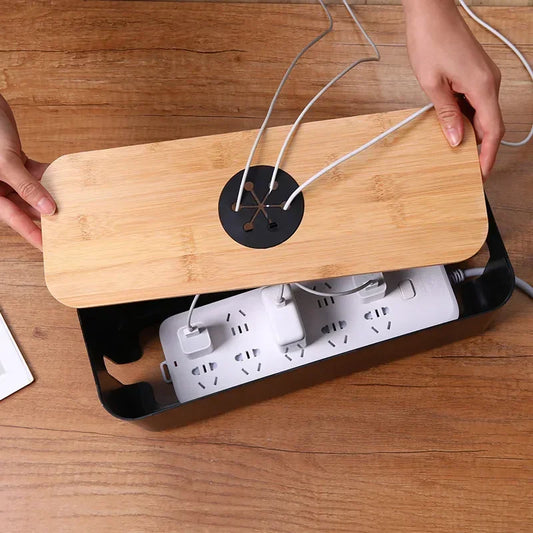 Wooden Cable Storage Box Power Strip Organizer Wire Management Case