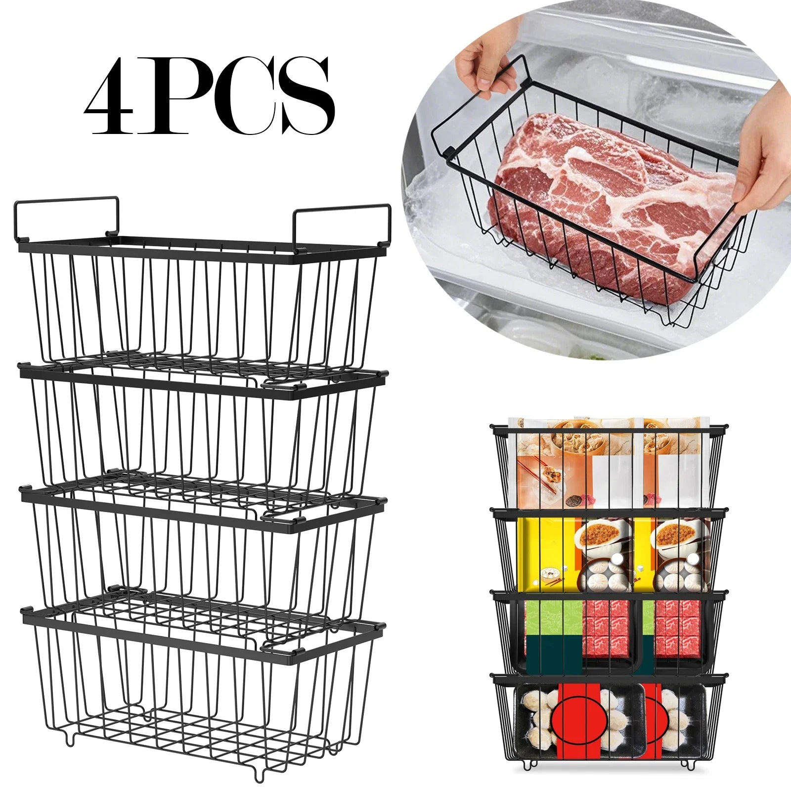 4Pcs Metal Chest Freezer Baskets Stackable Foldable Handles Storage
