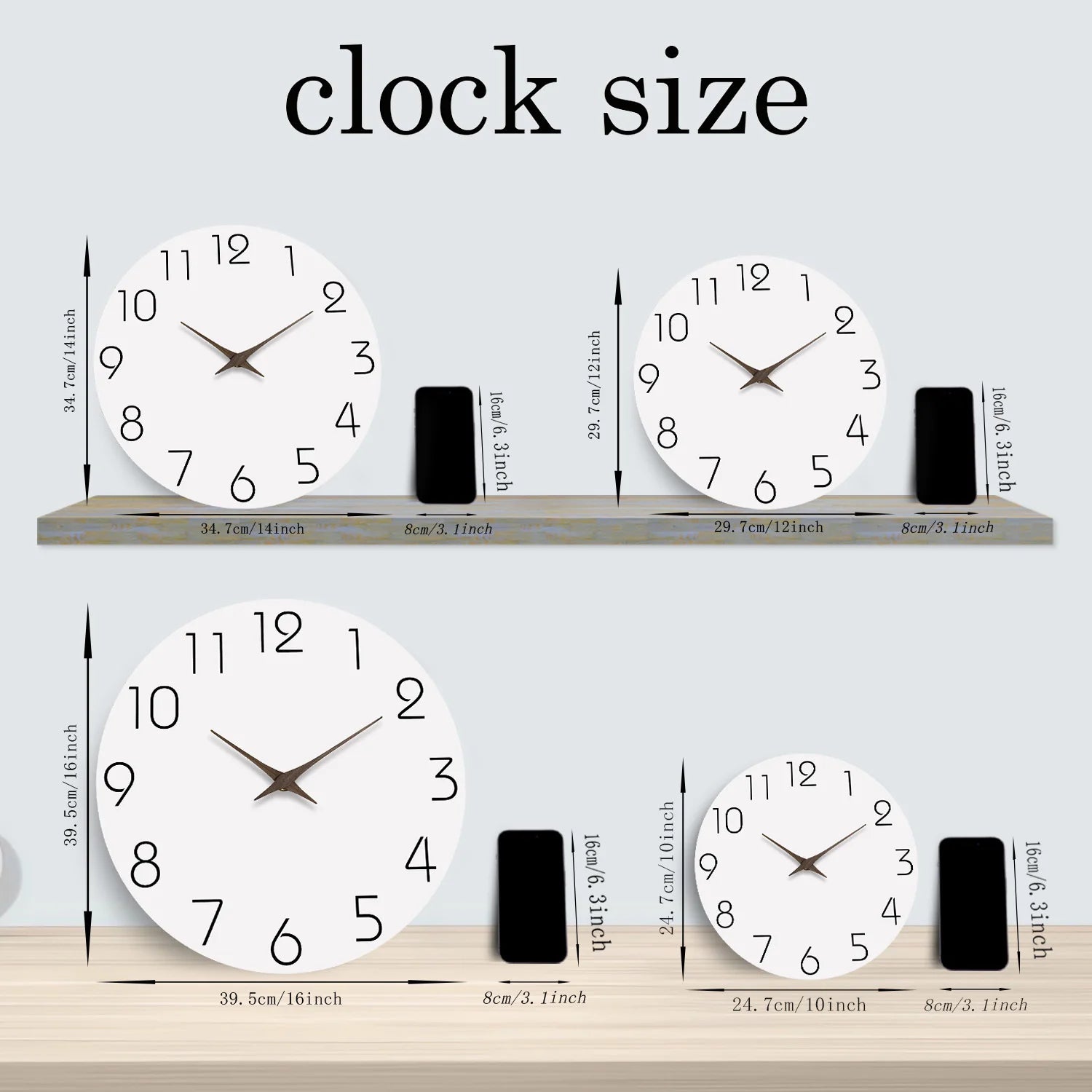 Silent White Pattern Wooden Wall Clock 10-16" Quartz Movement