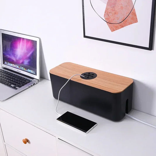 Wooden Cable Storage Box Power Strip Organizer Wire Management Case