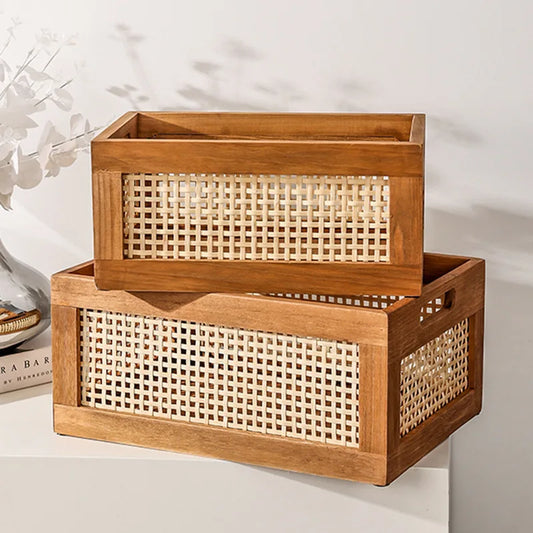 Solid Wood Rattan Storage Basket - Multi-Room Kitchen Bathroom Organizer